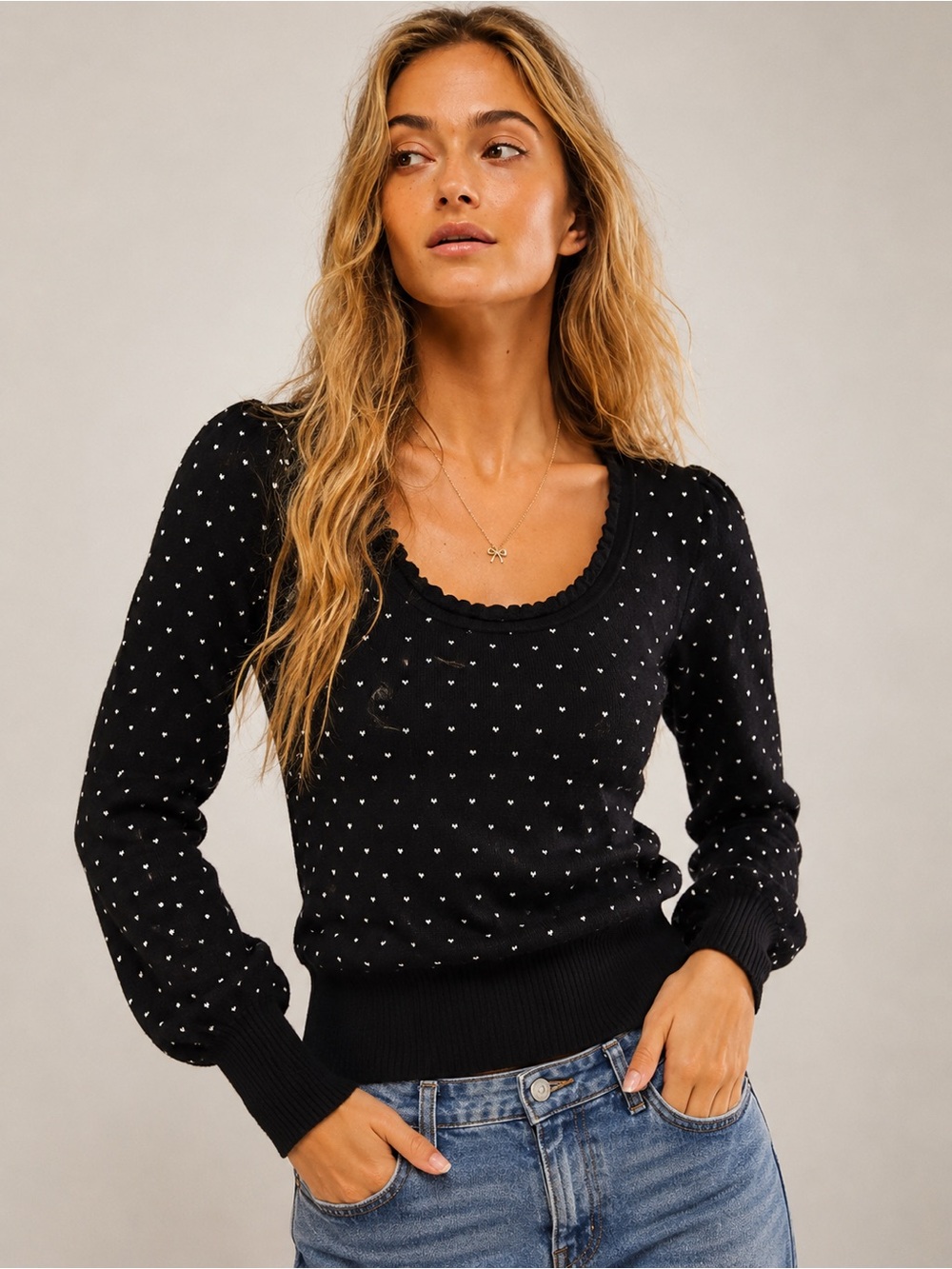 Free People Black Polka Dot Knit Sweater Scoop Neck Medium